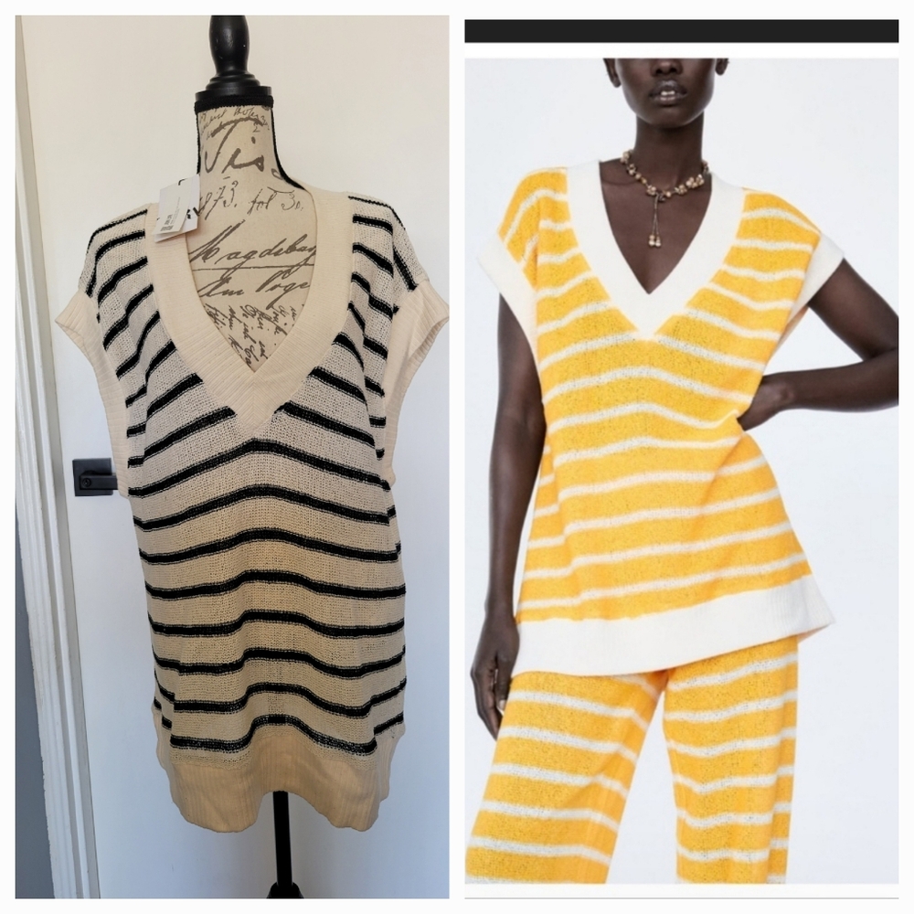 NWT Zara Knit Striped Oversized Long‎ Vest Sweater Size M